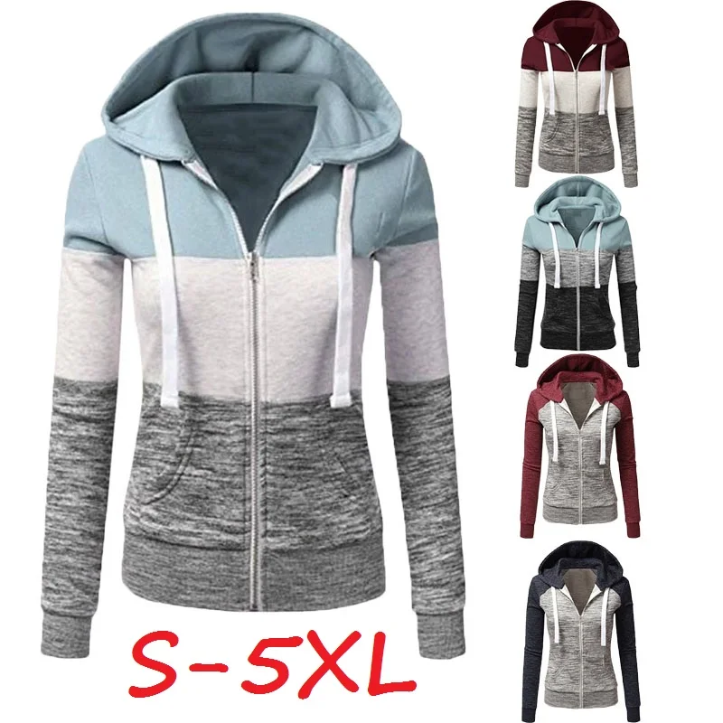 

Women Sweatshirts Jacket Winter Casual Hooded Zipper Patchwork Outwear Fashion Plus size Color Block Female Sweatshirts Coats