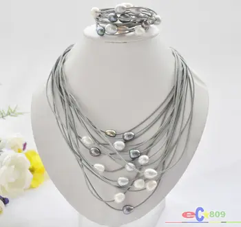 

wholesale 15row 13mm black white gray rice pearl gray leather necklace & bracelet