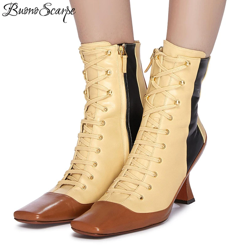 

Buono Scarpe Square Toe Genuine Women Boots Cross Tied Female Ankle Boots Mixed Color Women Botas Mujer Leather Boots Fenimina