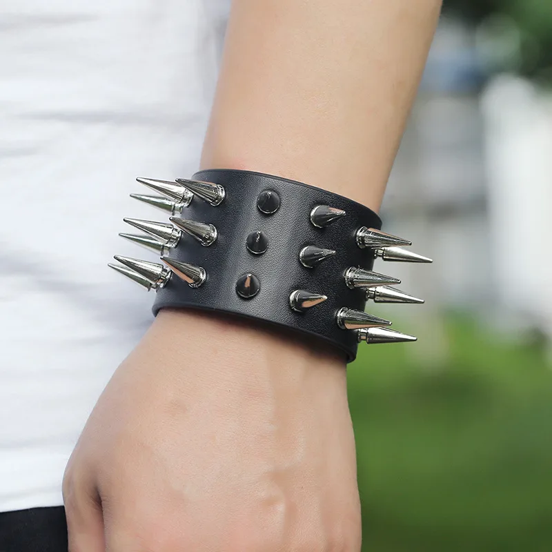 Leather Bracelet Punk Style Wristband Leather Studded Bracelet Cuspidal Spikes Rivet Stud Wide Cuff Black Bangle Adjustable Men Bracelet Bangle Bracelet Leather Bracelets
