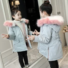 Длинное зимнее пальто для девочек утепленная детская парка для девочек куртки с капюшоном и меховым воротником модные теплые пальто детское пальто с хлопковой подкладкой