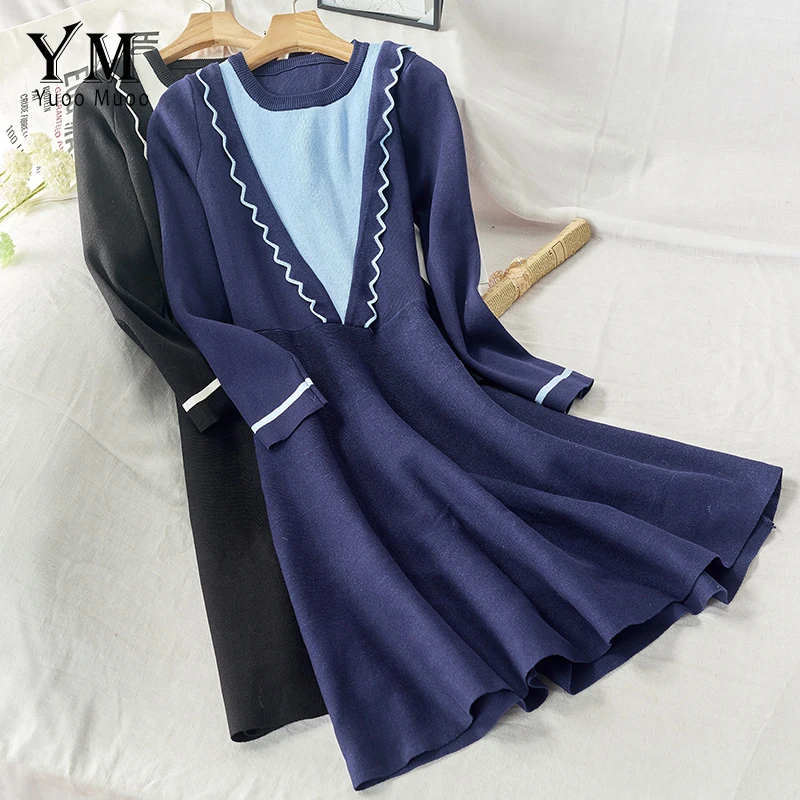 

YuooMuoo Long Sleeve Ruffle Knitted Sweater Dress Elegant Contrast Color Tunic Short Dress Autumn Winter Female Dresses Vestidos