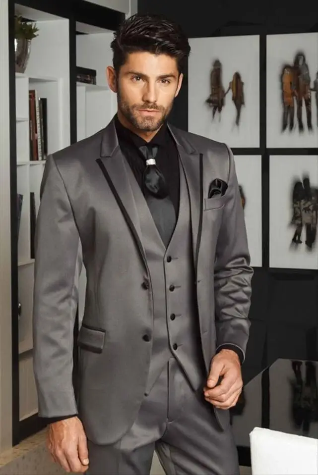 

Latest Coat Pant Designs Smoking Grey Satin Men Suit Slim Fit 3 Piece Groom Tuxedo Custom Suits Prom Blazer Terno Masculino