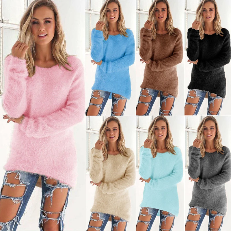 Long Knitted Sweaters Women Pullovers Jumpers Autumn Winter Warm Clothes Round Collar Cold Blouse Tunic | Женская одежда