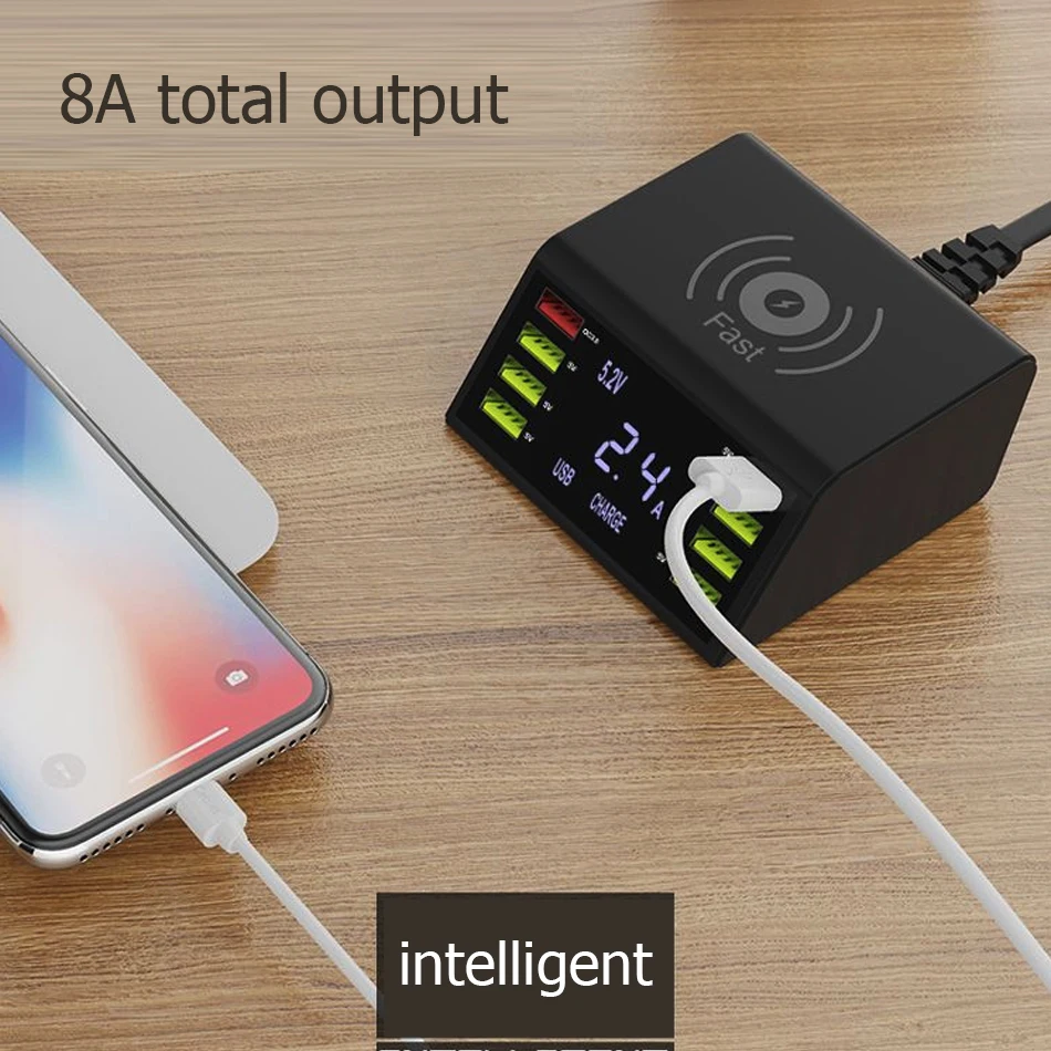 QC3.0 быстрая зарядная станция ЖК-цифровой дисплей 8 портов usb зарядная док-станция с 10 Вт Беспроводное зарядное устройство для мобильного планшета смарт-устройство