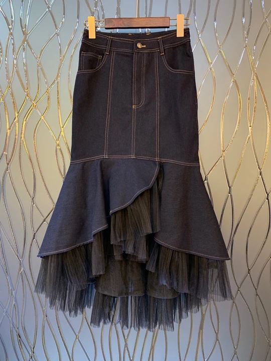 

2019 Early Autumn New Woman Symmetrical Pocket Lotus Edge Mesh Stitching Jean Half-length Skirt 731
