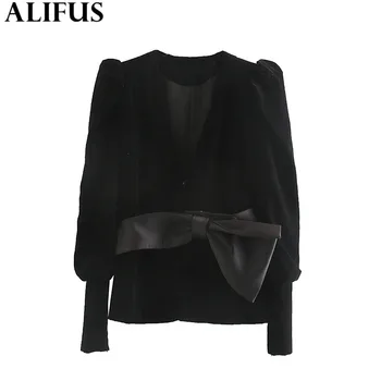 

Fashion Za Women Coats 2019 Winter Solid Velvet Suit Jacket Big Bow Puff Sleeve Casual Female Vintage Coat Ladies