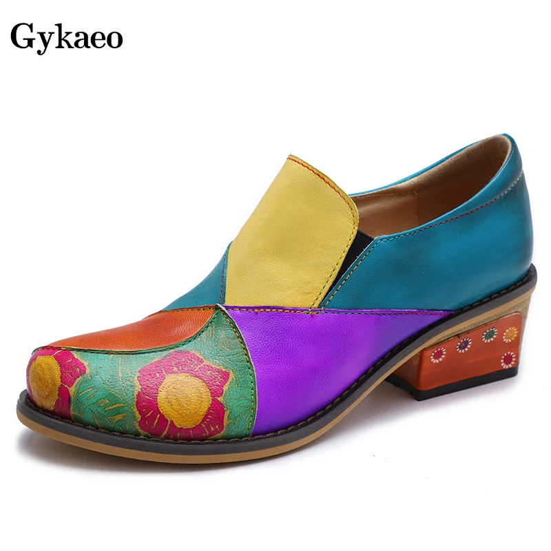 

Gykaeo 2020 Spring Bohemian Style Hit Color Genuine Leather Women Pumps Ladies Patchwork Cowhide Wedding Shoes Zapatos De Mujer