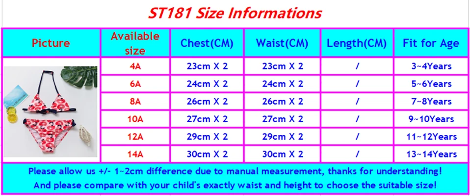 ST181 girls swimwear-size chart