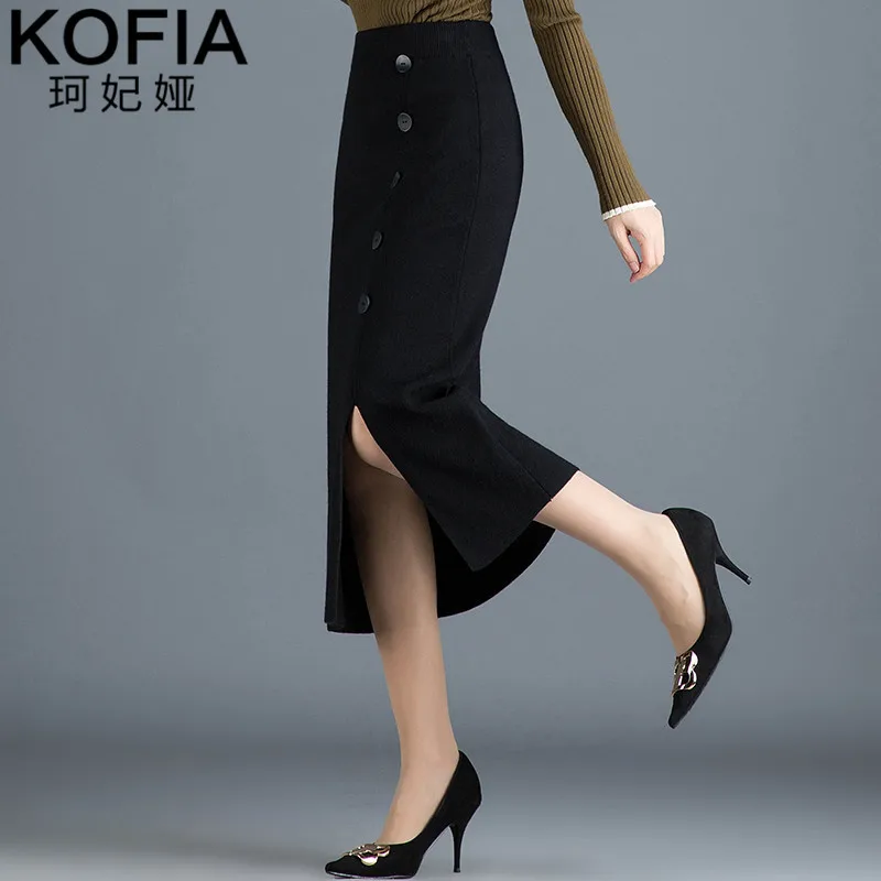 

Mid-length Knitted Skirt Skirt Long Skirts Women's Autumn And Winter Short-height Black And White with Pattern Slit Skirt Yarn S