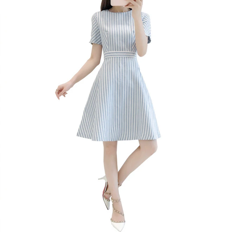 Женское летнее приталенное платье с коротким рукавом в полоску длиной до колена, женская одежда SER88