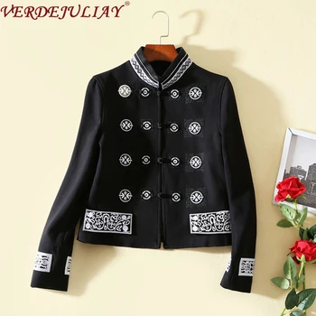 

VERDEJULIAY Fashion Autumn Winter Black Jackets Women's Long Sleeve Flower Embroidery Warm Elegant Casual Coat Tops