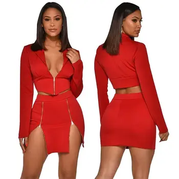 

Two Piece Set Women Casual Solid Short Blazer Zipper Slit Mini Skirt Long Sleeve Sexy Dress 2 Piece Set Womens Clothing