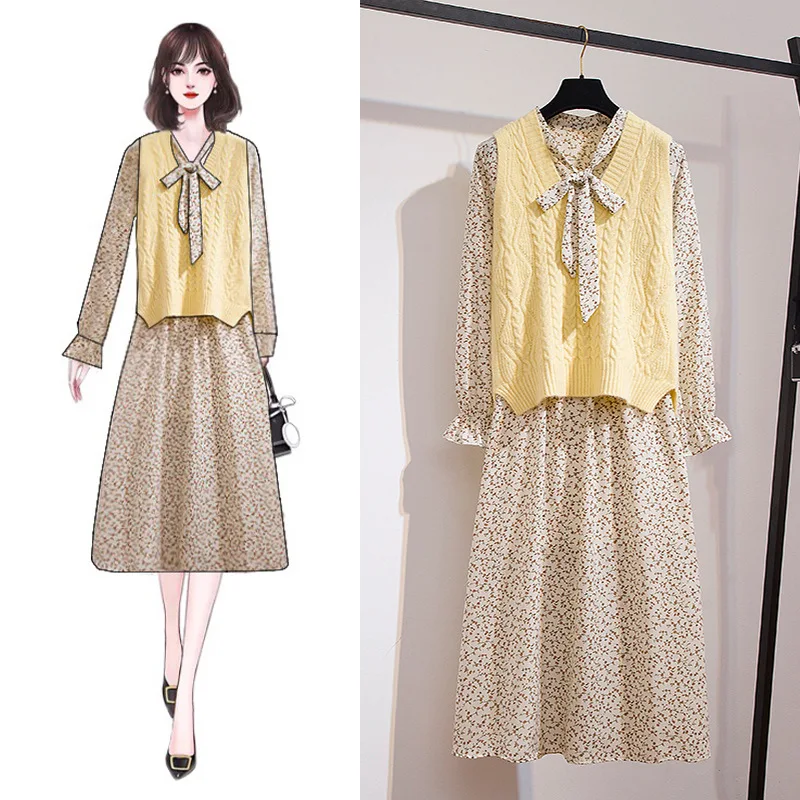 

2020 Autumn Winter Floral Chiffon Dress Set Two Piece Mid Long Bow Tied Vintage Slim High Waist Korean Long Sleeve Kniited Vest