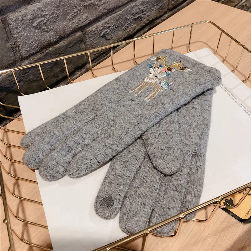 Милые зимние перчатки сенсорный экран для женщин пять пальцев Кашемир Вышивка лося Рождественский подарок женские толстые теплые перчатки