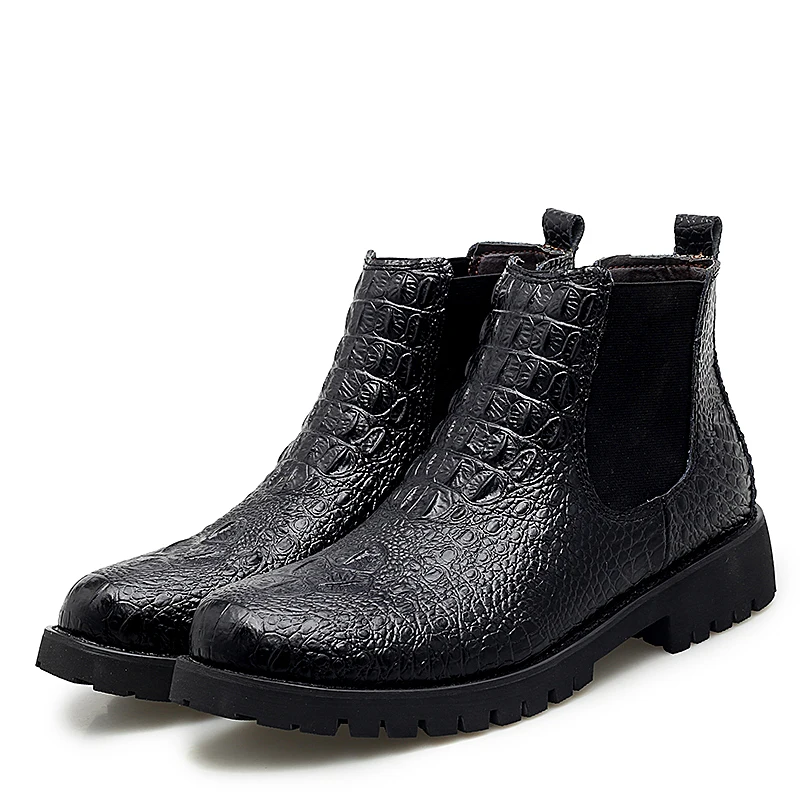 Men Chelsea Boots Slip-on Waterproof Ankle Boots Crocodile Pattern Warm Plush Leather Shoes Big Size 38-48 3#15/15D50