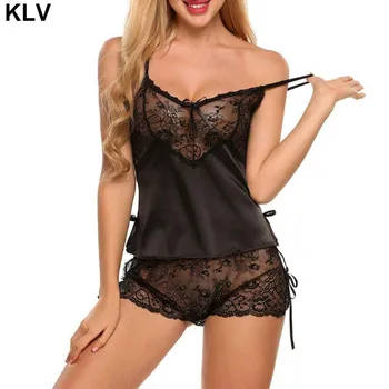 

Womens Erotic Sheer Floral Lace Lingerie Set Deep V-Neck Camisole Tank Top Low Rise Shorts Side Slit Bowknot Babydoll Nightwear
