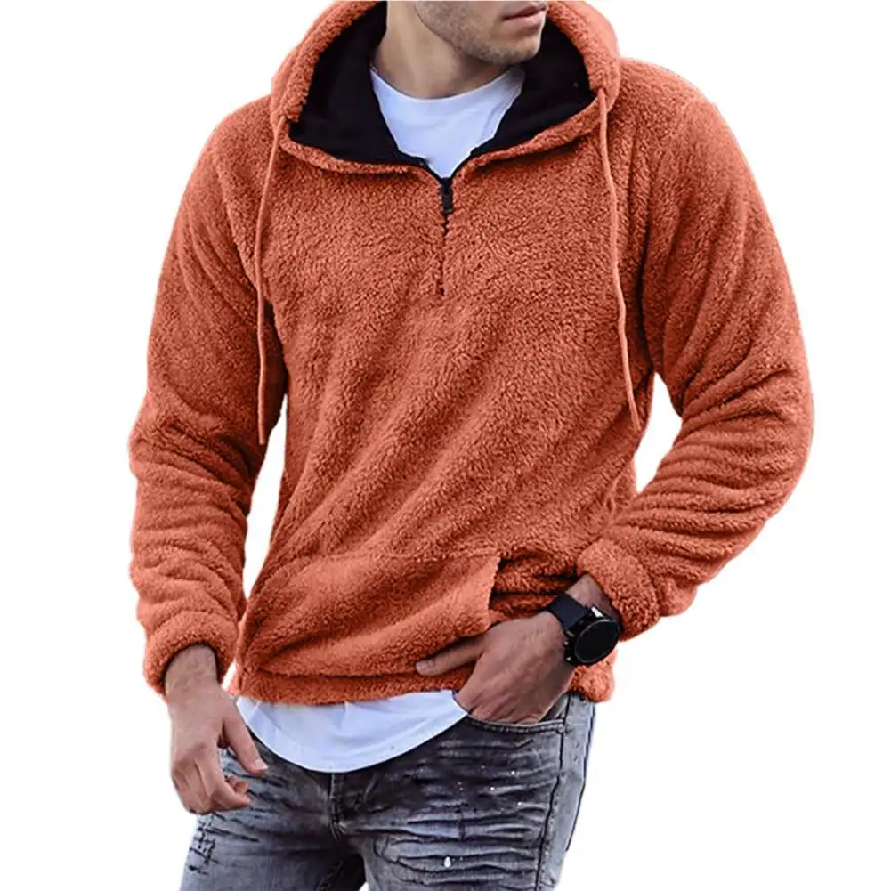 Men Fuzzy Sweatshirts Hooded Drawstring Solid Color Autumn Winter Male