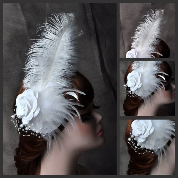 Bridal Feather Hair Extension White Wedding Hats Party Fascinator Pearls Bride Flower with Hairpin Women Clip | Дом и сад