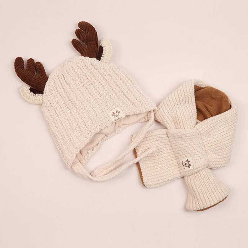 Новая детская шапка, шарф, Рождественский Санта-олень, вязаная шапка с ушками оленьи рога, шерсть, вязанные шапочки, Детская кепка