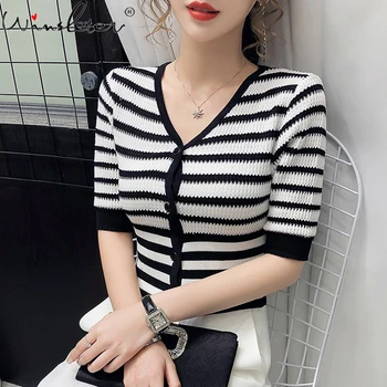 

Short T Shirt Cardigans Knitted Crop Tops Elegant Half Sleeve Women Clothing Tshirts Women Summer Casual T06010B