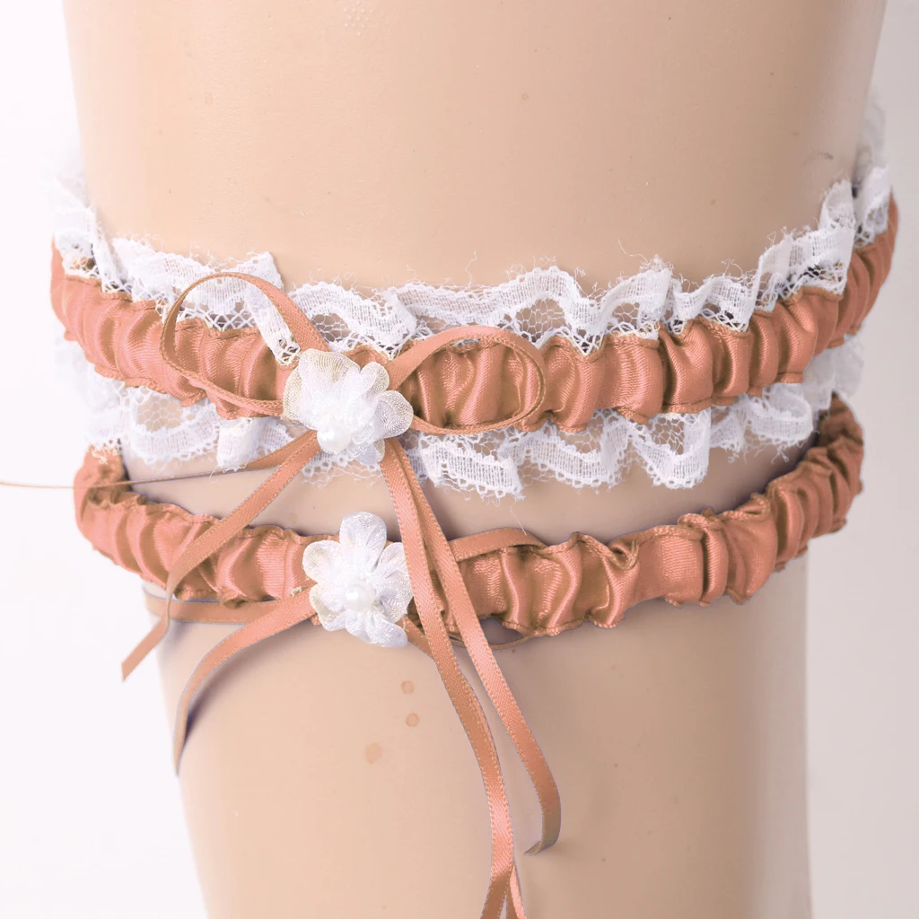 2Pcs Rustic Bridal Wedding Garter Floral Stretch Bridal Lace Satin Bowknot Thigh Ring Soft Socks Hen Party Lace Pearls Garter