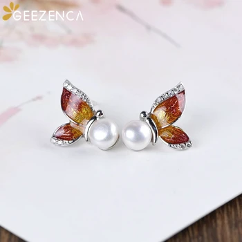 

Retro 925 Sterling Silver Butterfly Shell Pearl Stud Earrings Handmade Drop Oil Process Vintage Women's Earring Fine Jewelry
