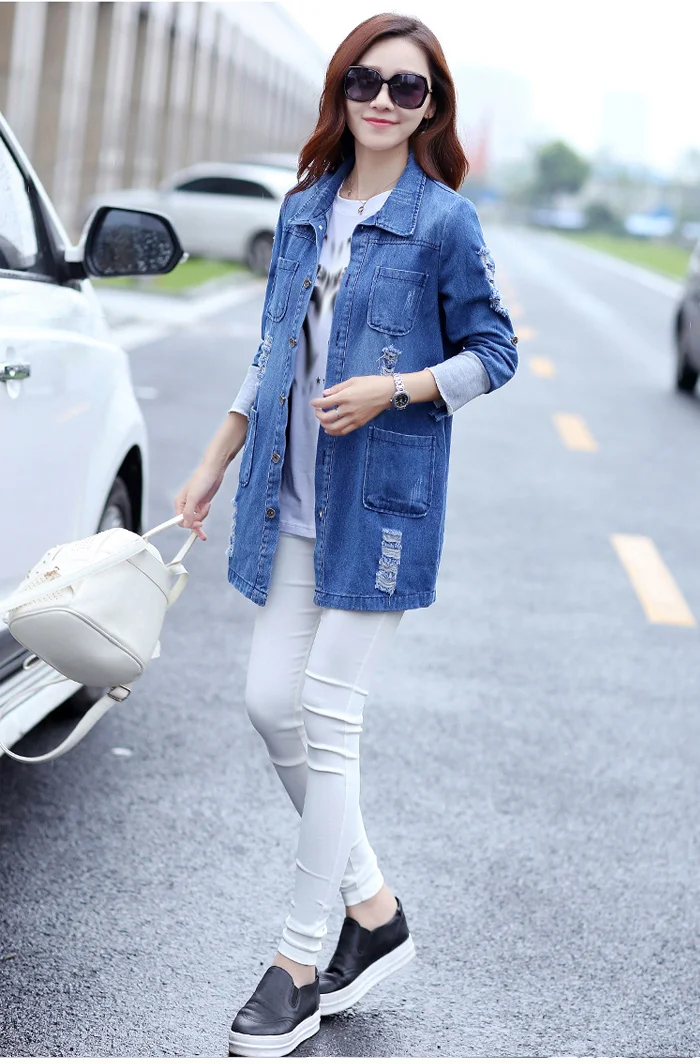Базовые длинные джинсы, пальто для женщин, тонкая рваная джинсовая куртка, Femme, элегантные винтажные потертые куртки, верхняя одежда, Casacos Feminino