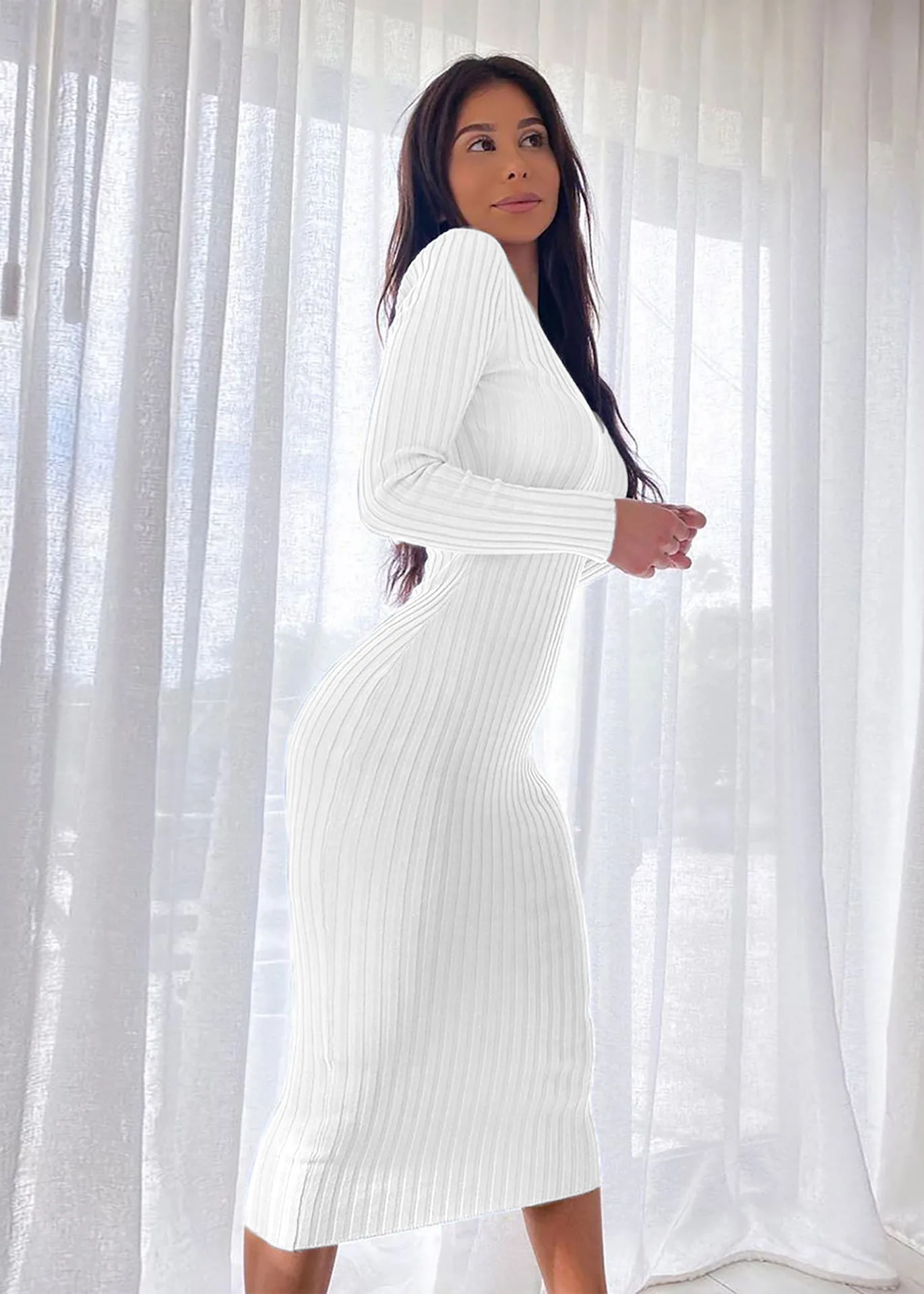 Women Autumn Solid Ribbed Maxi Knitted Dress V Neck Sexy Slim Elastic Basic Long Bodycon Dress Winter Off Shoulder White Dresses 4