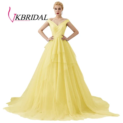Цвет: желтый VKbridal длинное вечернее платье голубое многослойное ДРАПИРОВАННОЕ бальное платье строгий халат de Soiree Abendkleider Lang Vestido Longo Festa - Цвет: Цвет: желтый