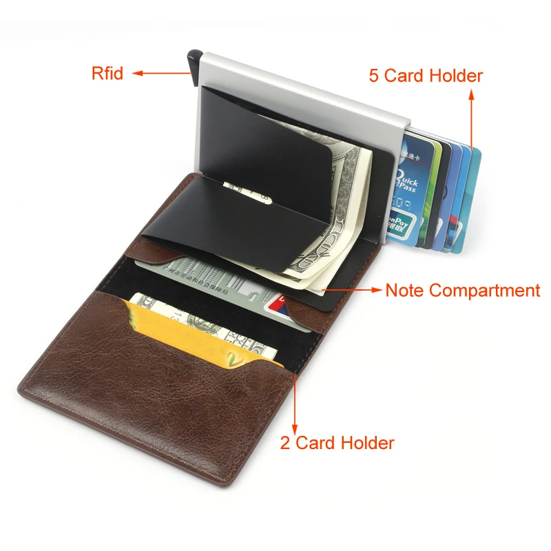 Genuine Leather Men Wallet Automatic Credit Card Holder Leather Blocking Small Metal Wallet Money Clip Aluminum Wallet Bag - Цвет: 02