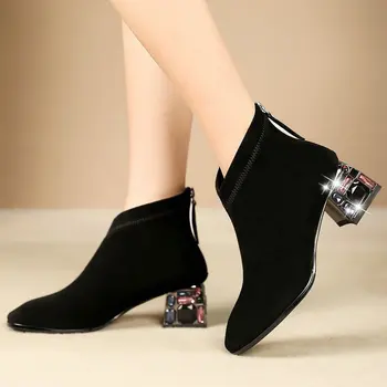 

Fashion Elegant Round Toe Zipper Ankle Women Boots Suede Leather Autumn Winter Ladies Square Heel Women Casual The Office Shoes