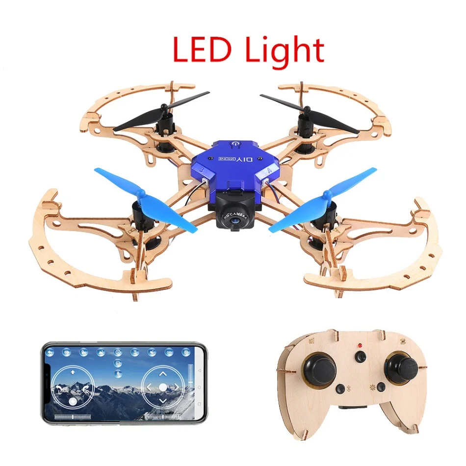 ZL100 деревянный самолет DIY Дрон с камерой 720P Wi-Fi FPV дисплей удержания высоты Безголовый режим обучения обучающий Квадрокоптер - Цвет: led