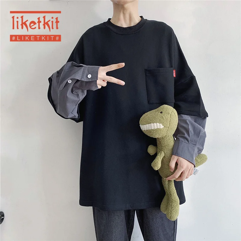 

Liketkit Men O-Neck Hoodies Harajuku Streetwear 2020 Fake Two Pieces Japanese Sweatshirts Male Korean Oversized Black Pullovers