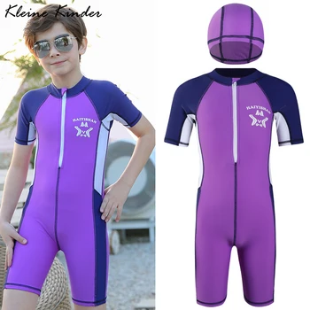 

Children's Swimwear 2020 Summer New Sunscreen Short Sleeve One Piece Swimsuit with Cap Professional Sport Swimming Suit for Boys