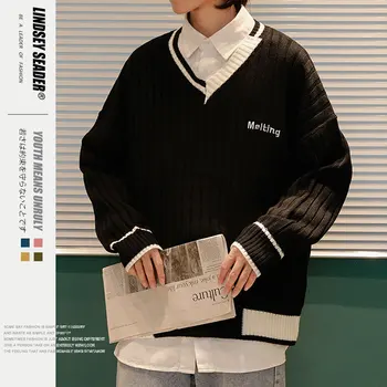 

Women Mens Sweater Men Pullover Knitwear V-neck Collar Sweaters Striped Style Solid Color Warm Winter Inside Outwear Sweater