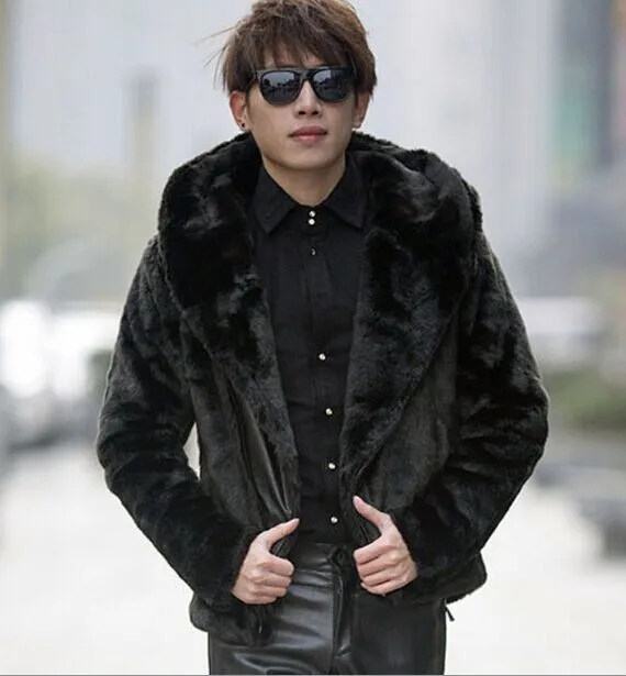 Winter Mens Faux Fur Coats Jacket Gothic Hooded Zipper Slim Short Design Parka Plus Size S-6XL Black Mink Fur Overcoat S57