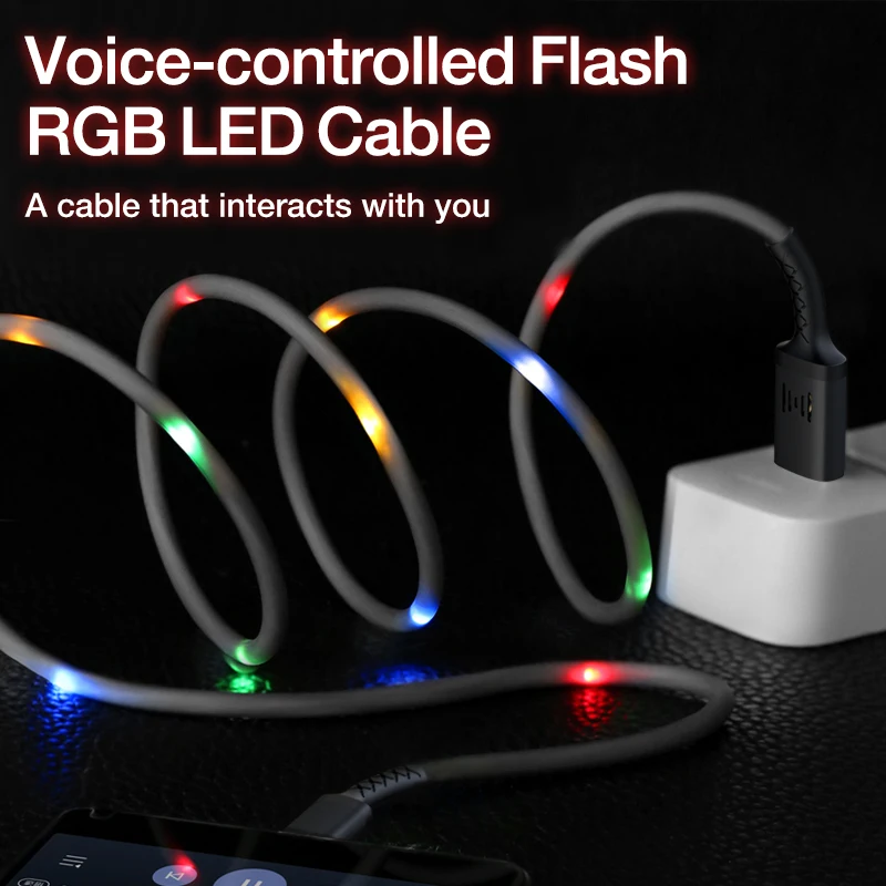 GENAI Cable Micro USB Control de voz Flash de luz LED RGB Cable de carga de Cable para Android teléfonos móviles de carga rápida Cables de datos