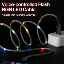 Genaiマイクロusbケーブル音声コントロールフラッシュrgb ledライトケーブル充電コードandroid携帯電話急速充電データケーブル