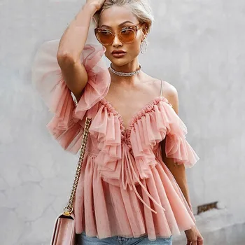 

Sexy deep v neck backless vintage women summer blouse Elegant ruffle off shoulder shirt tops female Mesh blouse blusas