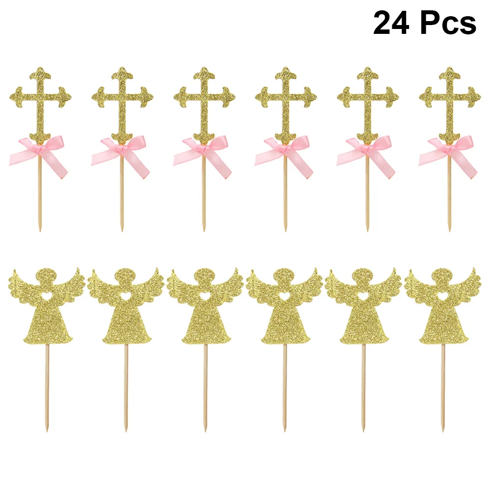 

24pcs Cross And Angel Shape Cake Topper Glittering Cake Picks Cupcake Toppers Decor Party Supplies For Wedding Birthday Festival