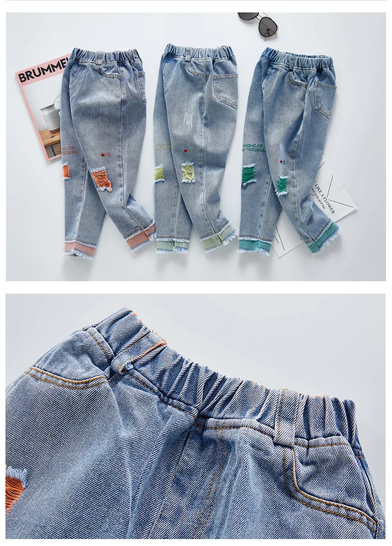 New Fashion Baby Girl Jeans Spring Children Broken Hole Pants Kids Cotton Candy Color 3t Jeans Girls Denim Trousers Toddler