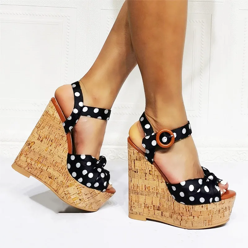 Tsmile Womens Boho Polka Dot Print Sandals Ladies Cute Bowknot Ankle Strap Wedge Heel Platform Shoes Footwear 