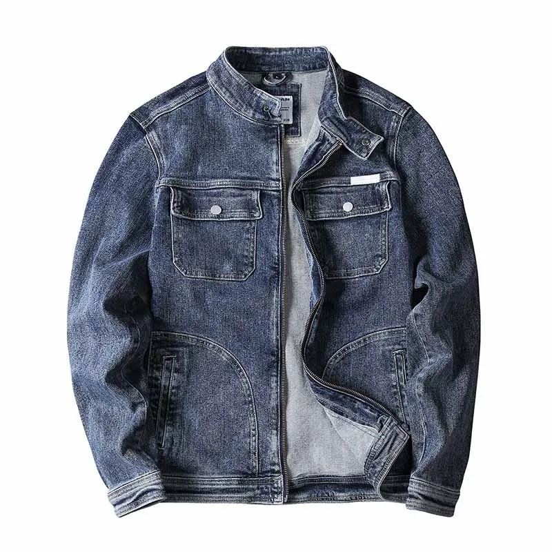 Mcikkny Solid Color Men's Cargo Loose Denim Jackets Multi Pocket Blue Jeans Jackets Male Stand Collar  (5)
