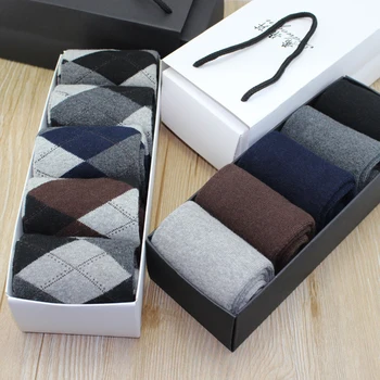 

5 Pairs Men's Thermal Cotton Socks Winter Thick Warm Heavy Duty Socks Rhombus Harajuku Casual Mid Calf Socks