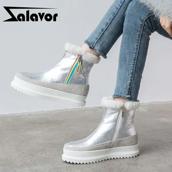 

ZALAVOR Women Snow Boots Real Leather Warm Plush Fur High Heel Winter Shoes Woman Fashion Platform Zip Ankle Boot Size 33-43