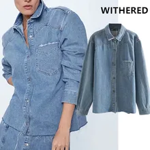 Увядшая английская винтажная Высокая уличная Джинсовая блузка для женщин blusas mujer de moda джинсовая рубашка женские Топы Блузка размера плюс