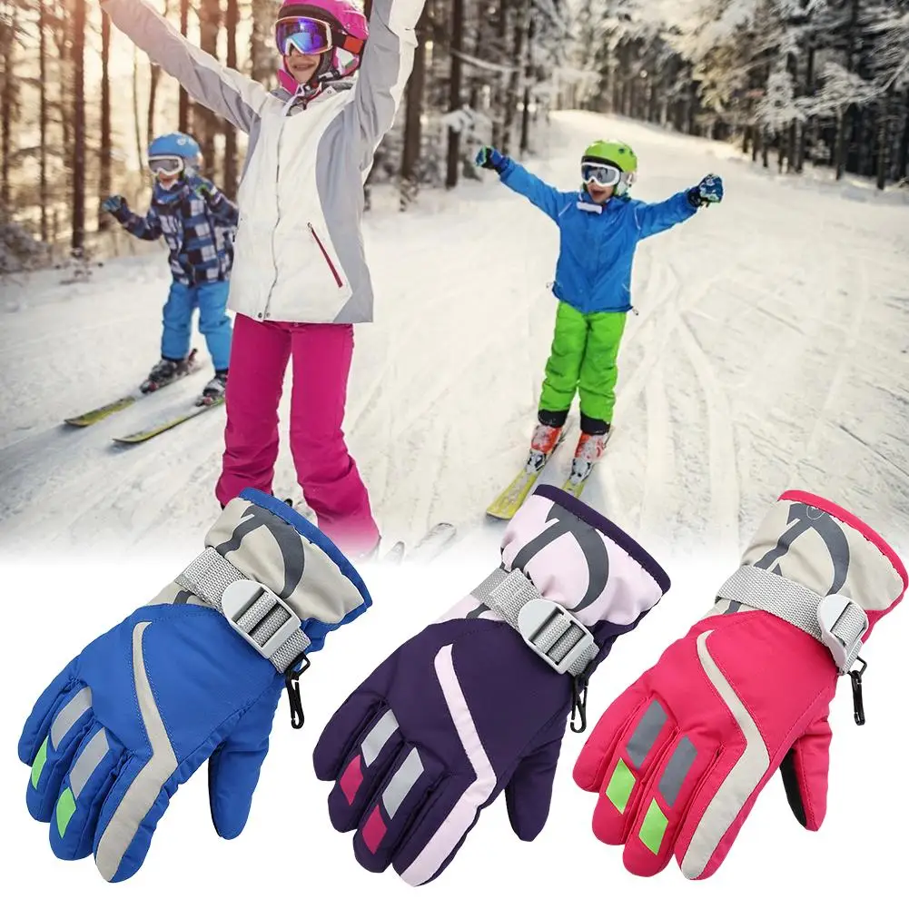 Детские зимние лыжные перчатки водонепроницаемые теплые утолщенные варежки трехслойные ветрозащитные противоскользящие для катания на лыжах и велоспорта