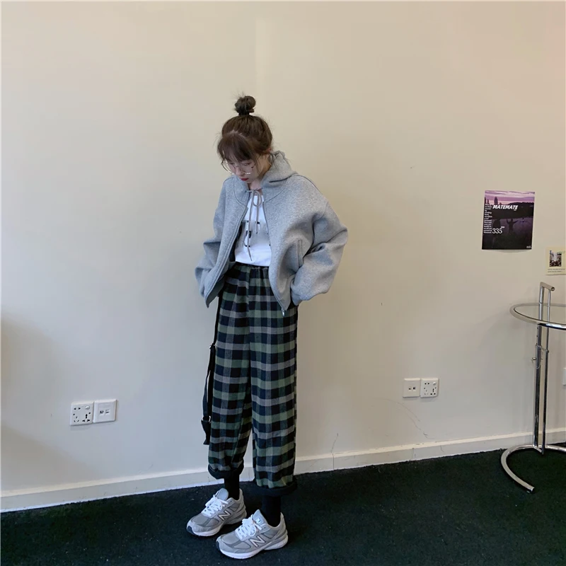 Клетчатые женские штаны Harajuku, спортивные штаны, корейский стиль, Утепленные зимние брюки, женская уличная одежда, Осенние студенческие популярные новые тренды