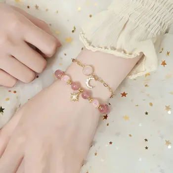 

Natural Strawberry Quartz Bracelet Double Beaded 14K Gold Chain Bracelets Ross Quartz Zircon Stars Moon Charm Bracelet Love Gift